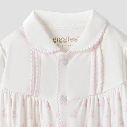 Giggles Pram Print Collared Sleepsuit with Long Sleeves