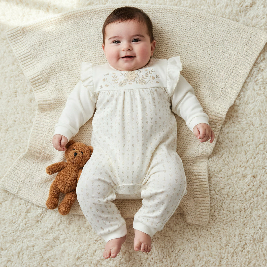 Giggles Cotton Round Neck Long Sleeves Sleepsuit with Floral Embroidery - Cream / 12-18 mths