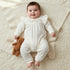 Giggles Cotton Round Neck Long Sleeves Sleepsuit with Floral Embroidery - Cream / 12-18 mths
