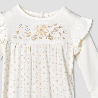 Giggles Cotton Round Neck Long Sleeves Sleepsuit with Floral Embroidery