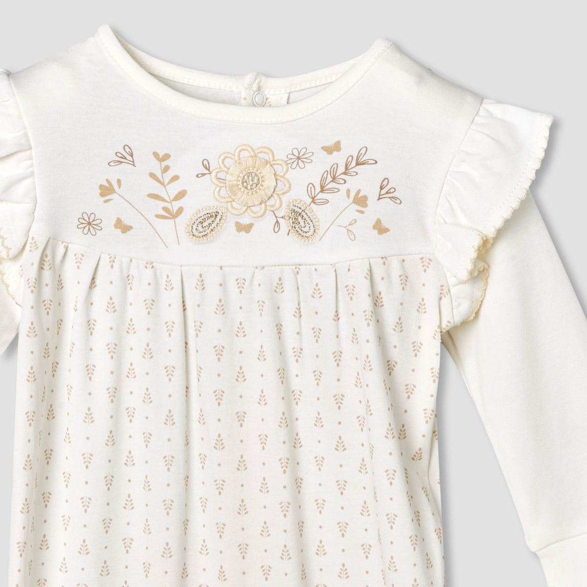 Giggles Cotton Round Neck Long Sleeves Sleepsuit with Floral Embroidery