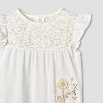 Giggles Round Neck Ruffle Sleeves Romper with Floral Embroidery