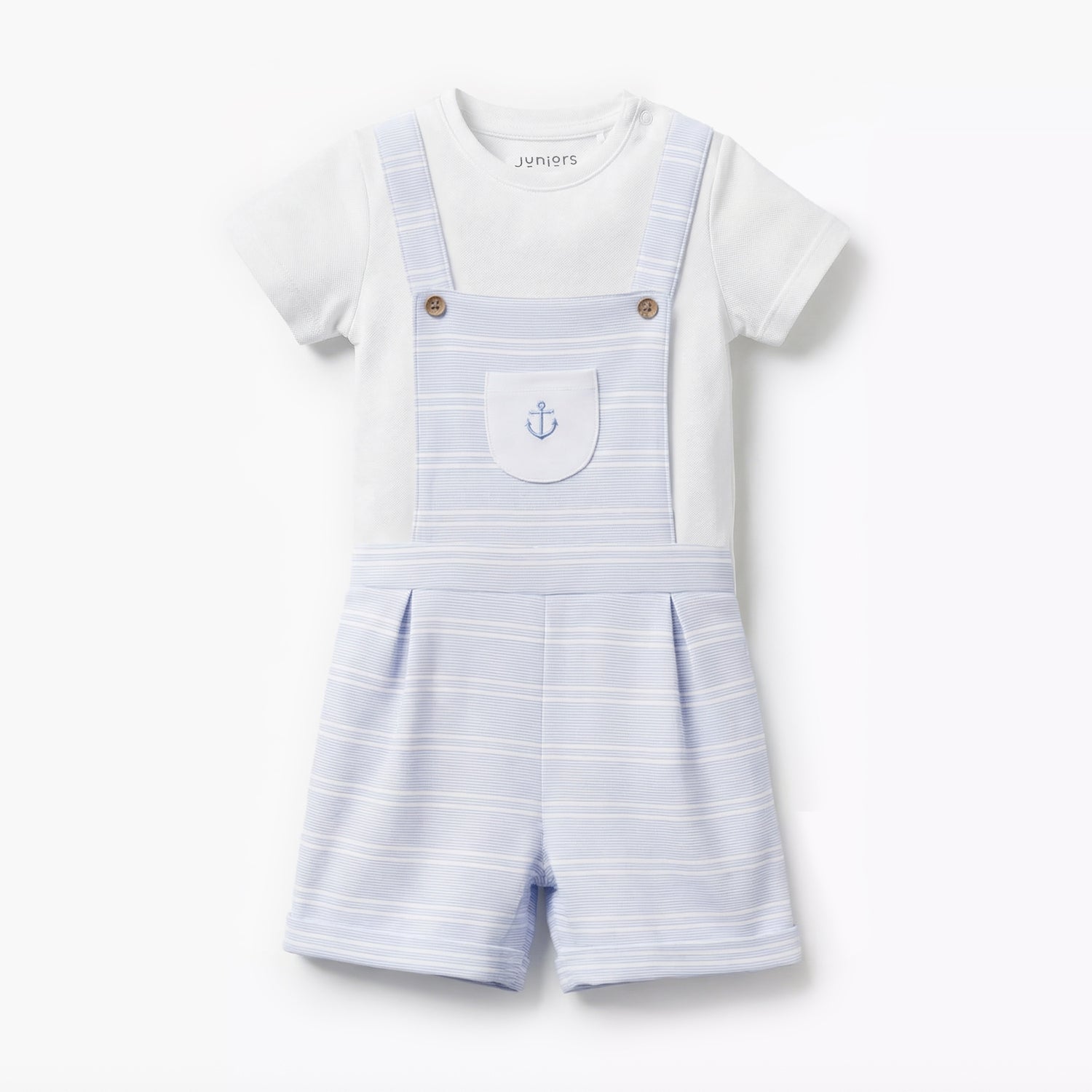 Juniors Round Neck Short Sleeves T-shirt and Dungaree Set with Stripes - Blue / 12-18 mths