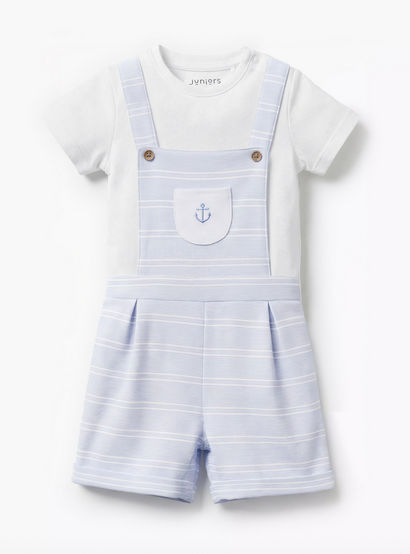 Juniors Round Neck Short Sleeves T-shirt and Dungaree Set with Stripes-baby-boys-clothing-setsandcoords-image-2