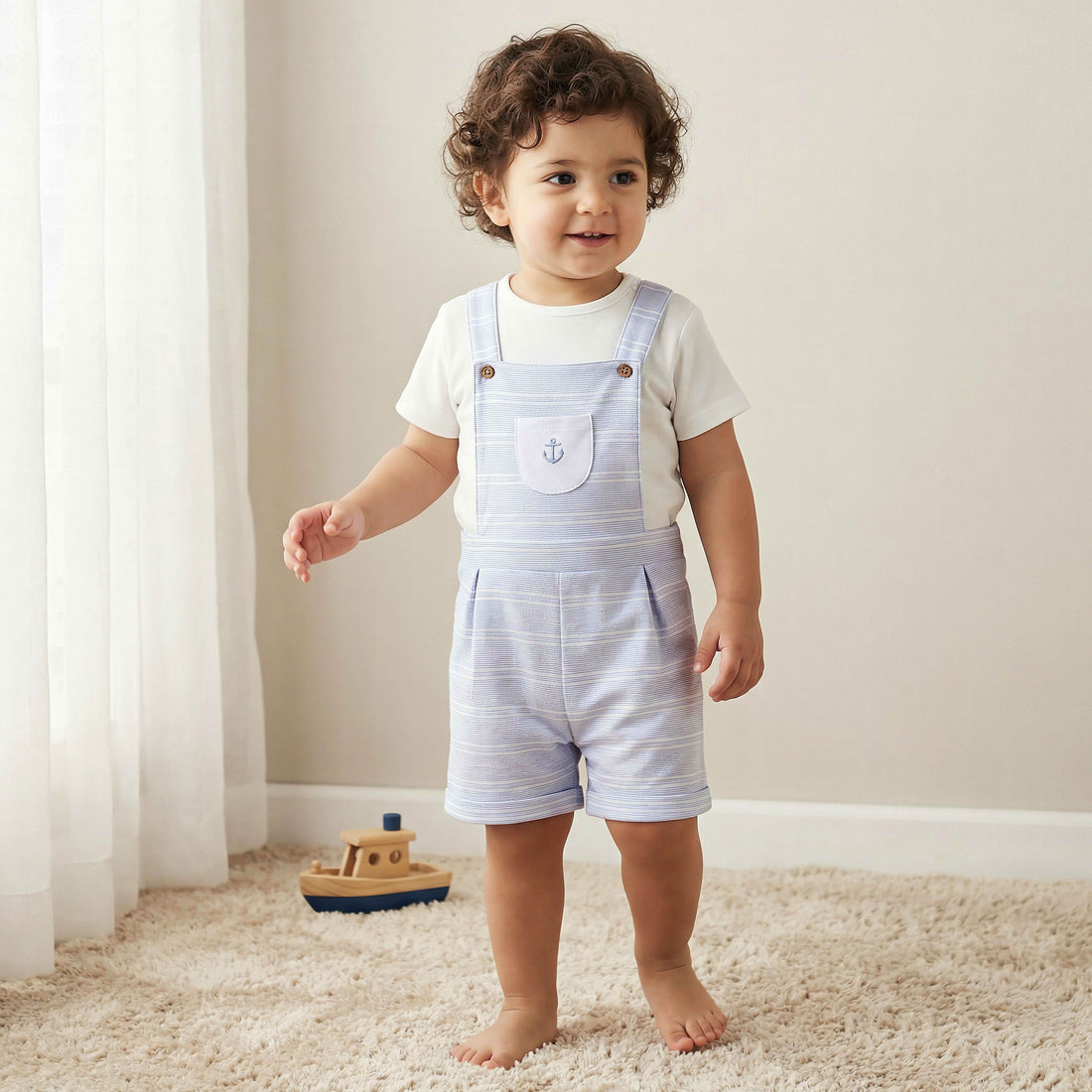 Juniors Round Neck Short Sleeves T-shirt and Dungaree Set with Stripes - Blue / 12-18 mths