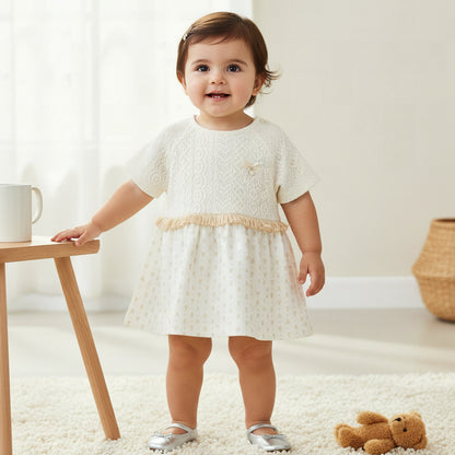 Giggles Short Sleeves A-line Dress with Lace Texture - Cream / 12-18 mths
