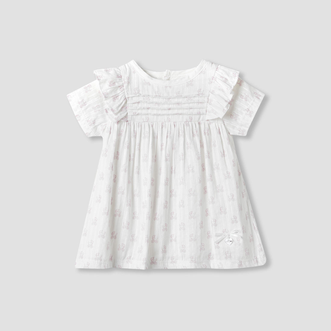 Giggles Printed A-line Dress with Pintuck and Ruffle Detail - White / 12-18 mths