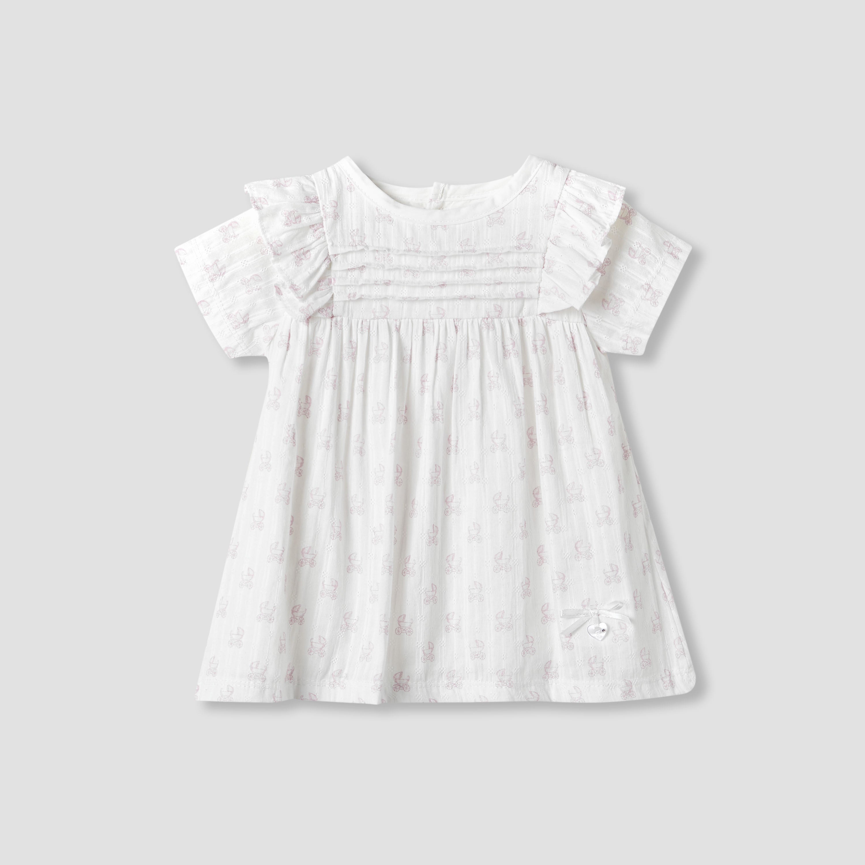 Giggles Printed A-line Dress with Pintuck and Ruffle Detail - White / 12-18 mths