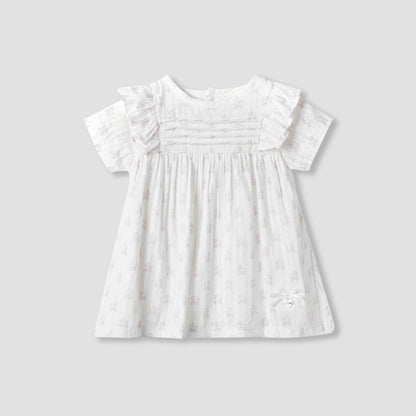 Giggles Printed A-line Dress with Pintuck and Ruffle Detail - White / 12-18 mths