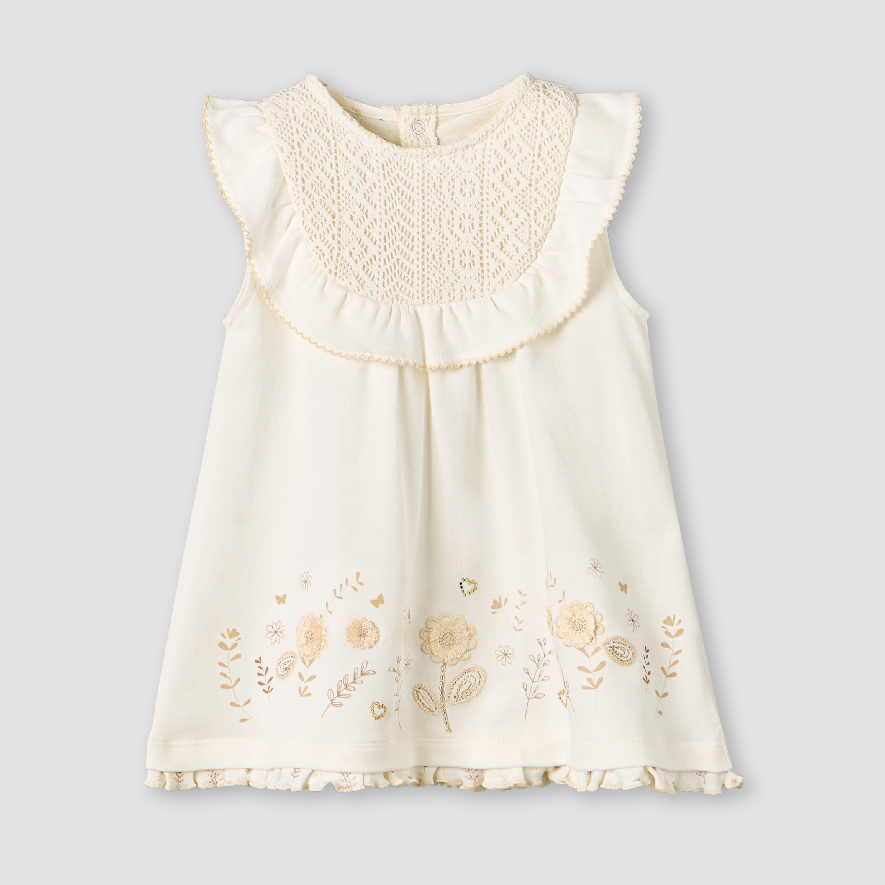 Giggles Round Neck Sleeveless A-line Dress with Embroidered Design - Cream / 12-18 mths
