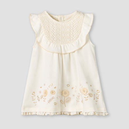 Giggles Round Neck Sleeveless A-line Dress with Embroidered Design - Cream / 12-18 mths
