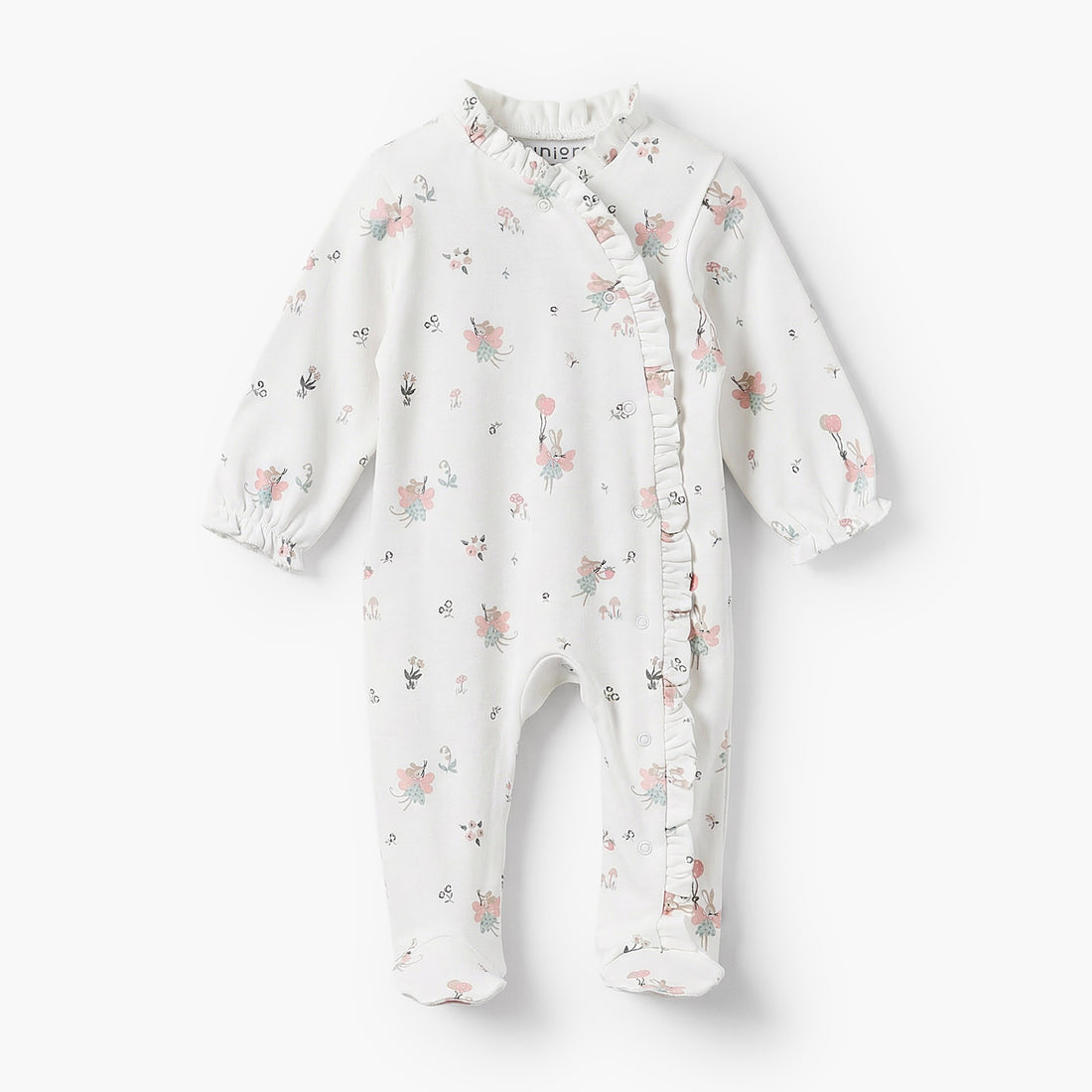 Juniors Ruffle Collar Long Sleeves Sleepsuit with Print - White / 9-12 mths
