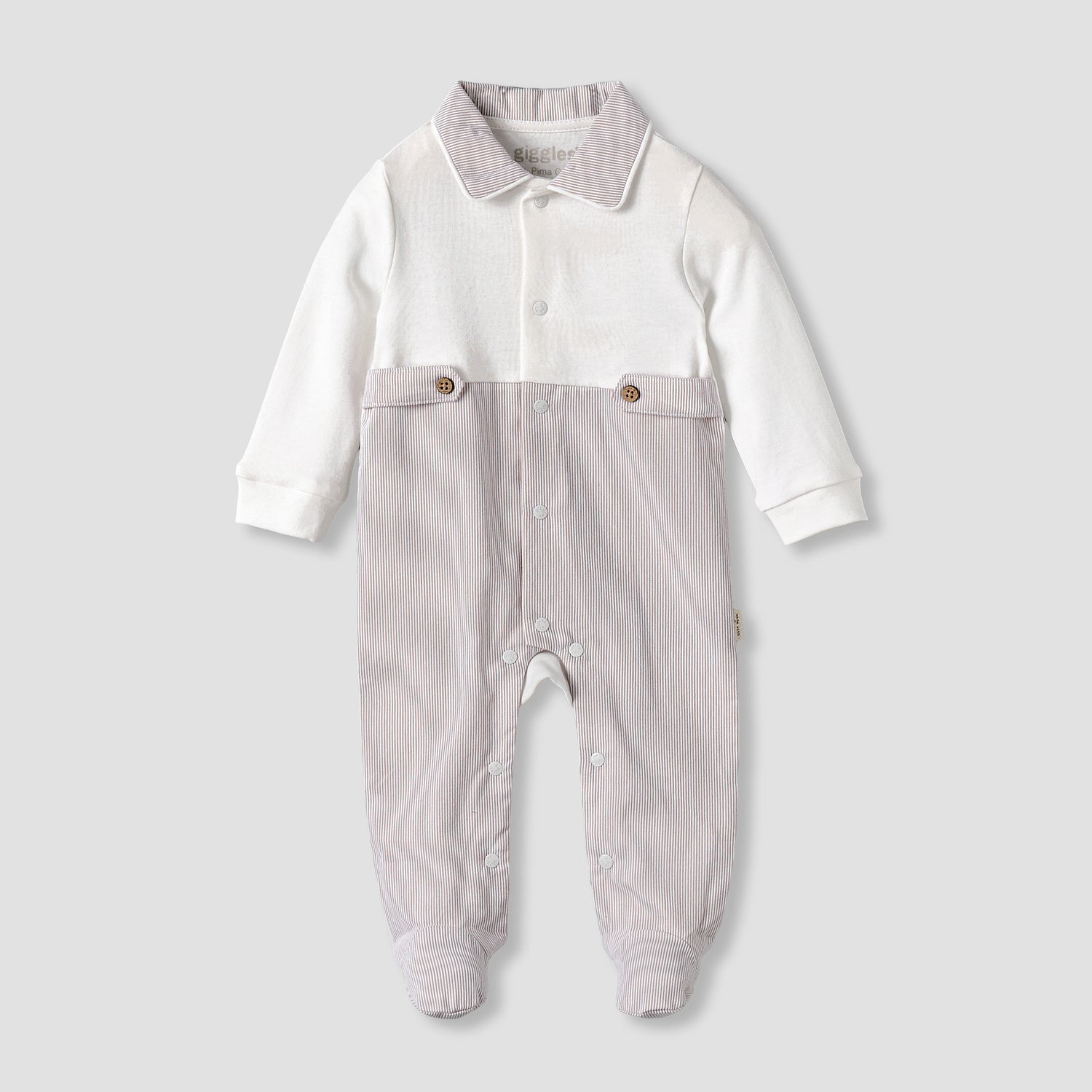 Giggles Cotton Collared Long Sleeves Sleepsuit with Snap Button Closure - Brown / 9-12 mths