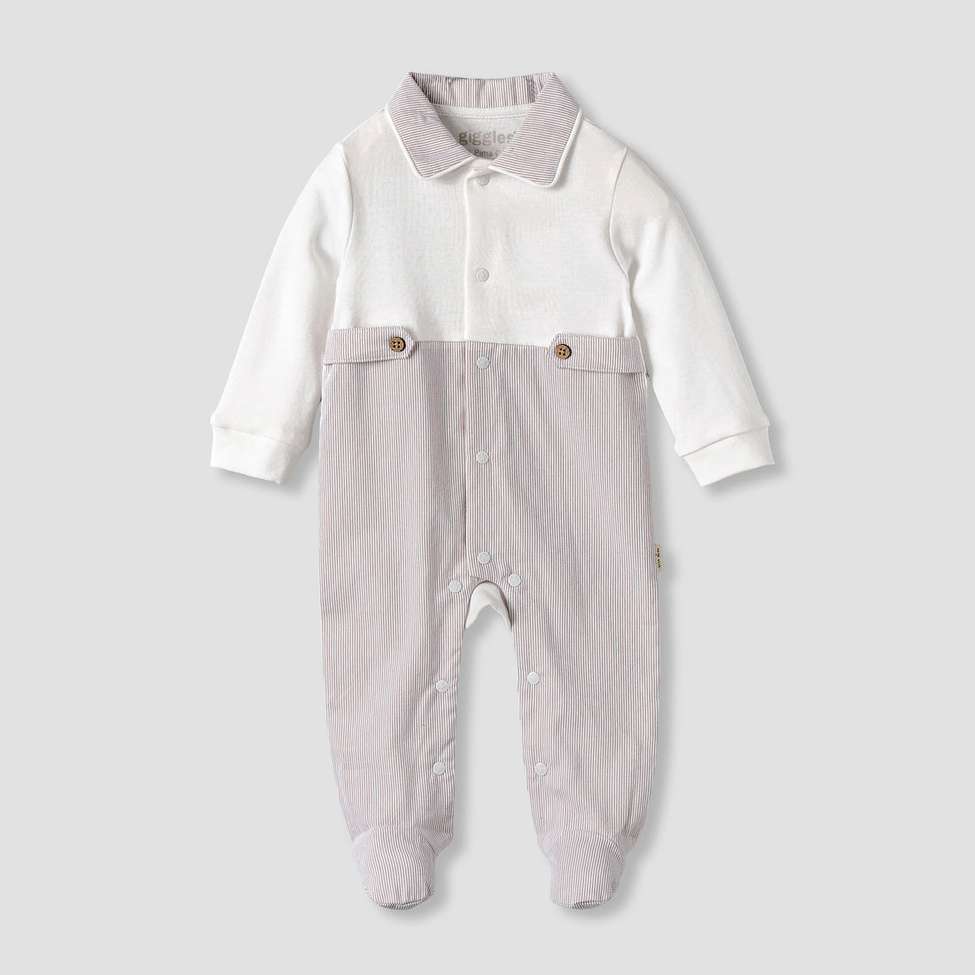Giggles Cotton Collared Long Sleeves Sleepsuit with Snap Button Closure - Brown / 9-12 mths