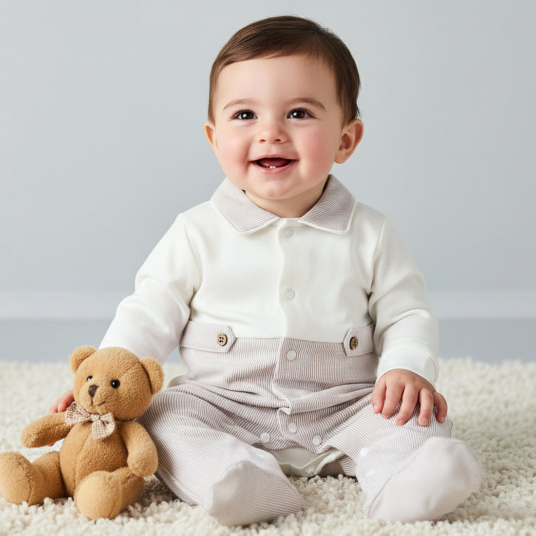 Giggles Cotton Collared Long Sleeves Sleepsuit with Snap Button Closure - Brown / 9-12 mths