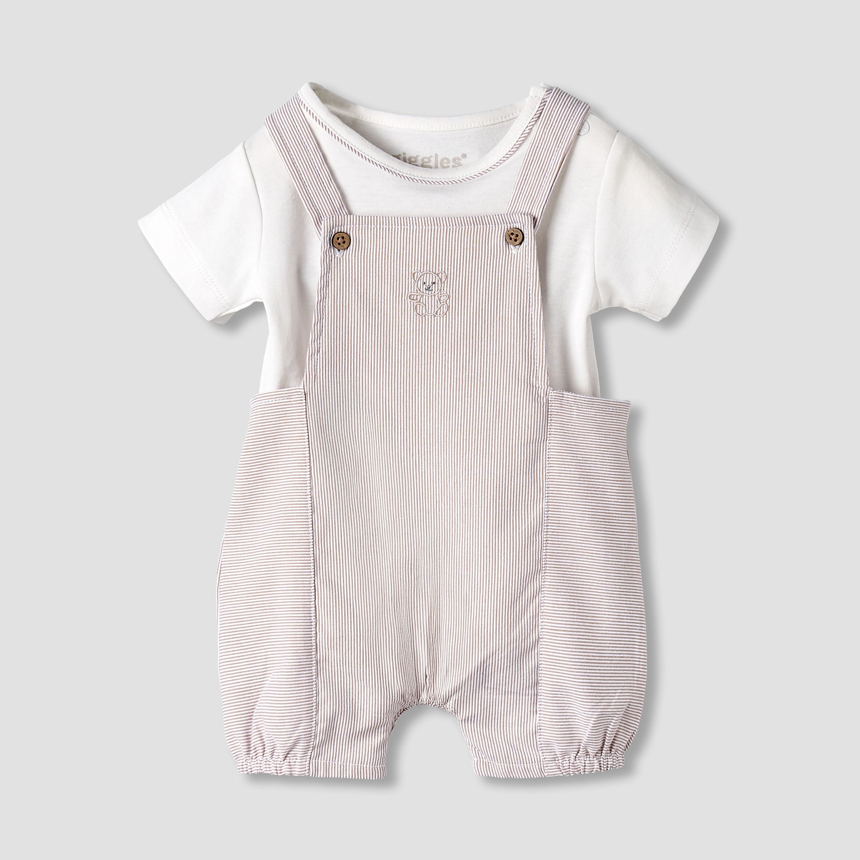 Giggles Round Neck Short Sleeve T-shirt and Dungaree Set with Snap Button Closure - Multicolour / 12-18 mths