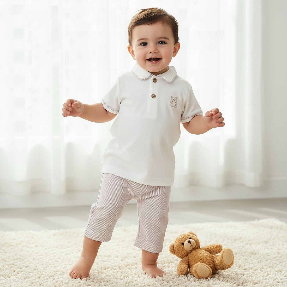 Giggles Cotton Collared Short Sleeves Pyjama Set with Striped Design - Brown / 12-18 mths