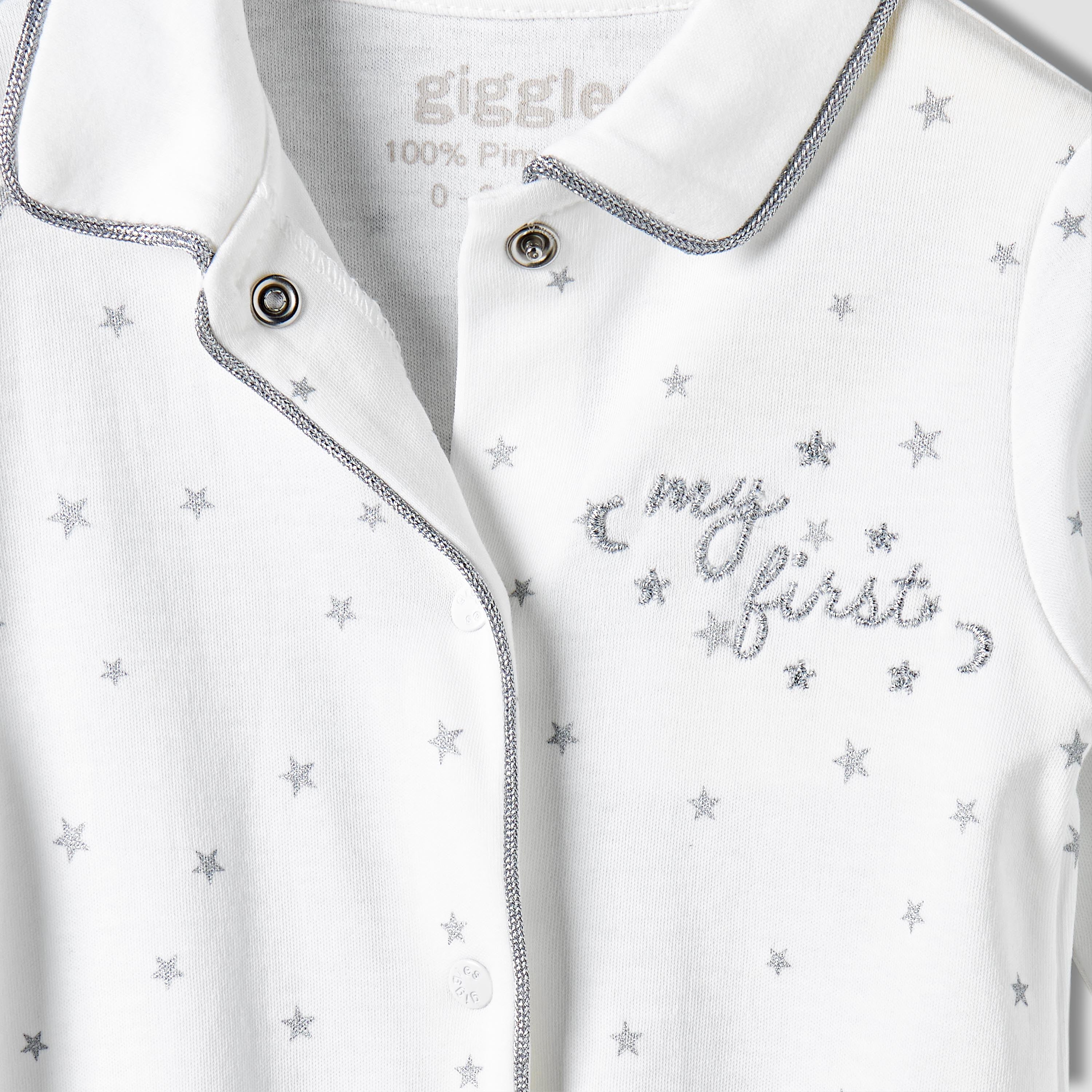 Giggles Cotton Collared Neck Long Sleeve Sleepsuit with Snap Button Closure