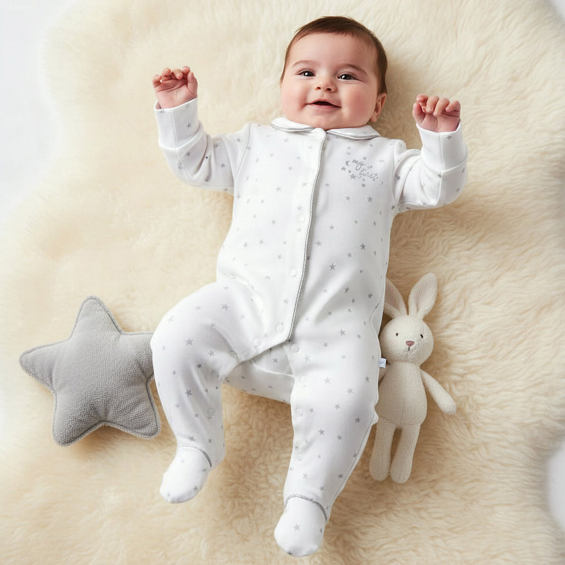 Giggles Cotton Collared Neck Long Sleeve Sleepsuit with Snap Button Closure - White / 9-12 mths