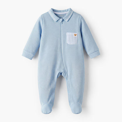Juniors Cotton Collared Long Sleeves Sleepsuit with Pocket Detail - Blue / 9-12 mths