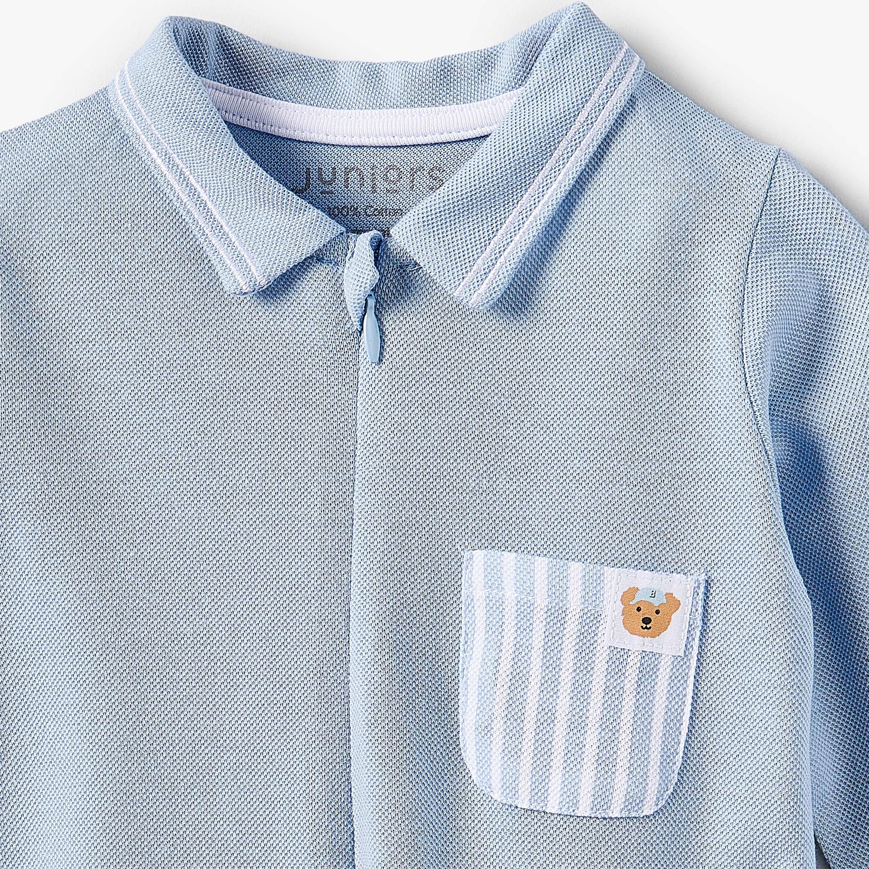 Juniors Cotton Collared Long Sleeves Sleepsuit with Pocket Detail