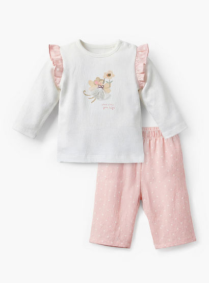 Giggles Cotton Collared Neck Long Sleeve Pyjama Set with Button Closure-baby-girls-image-1