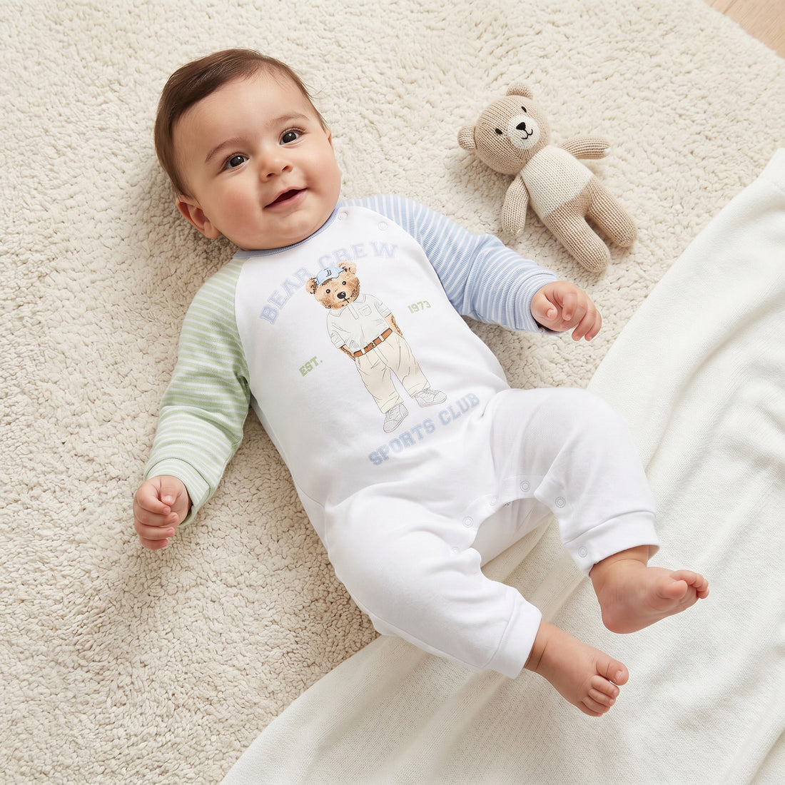 Juniors Cotton Round Neck Long Sleeves Sleepsuit with Bear Print - Multicolour / 12-18 mths