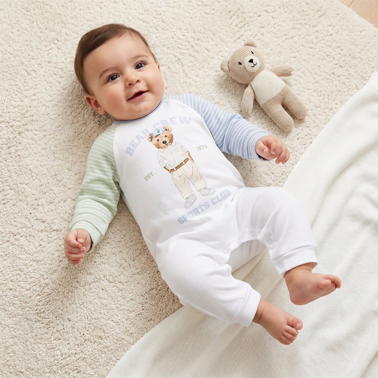 Juniors Cotton Round Neck Long Sleeves Sleepsuit with Bear Print - Multicolour / 12-18 mths
