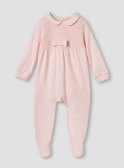 Giggles Smocked and Bow Accent Collared Sleepsuit-baby-girls-clothing-nightwear-sleepsuits-image-1