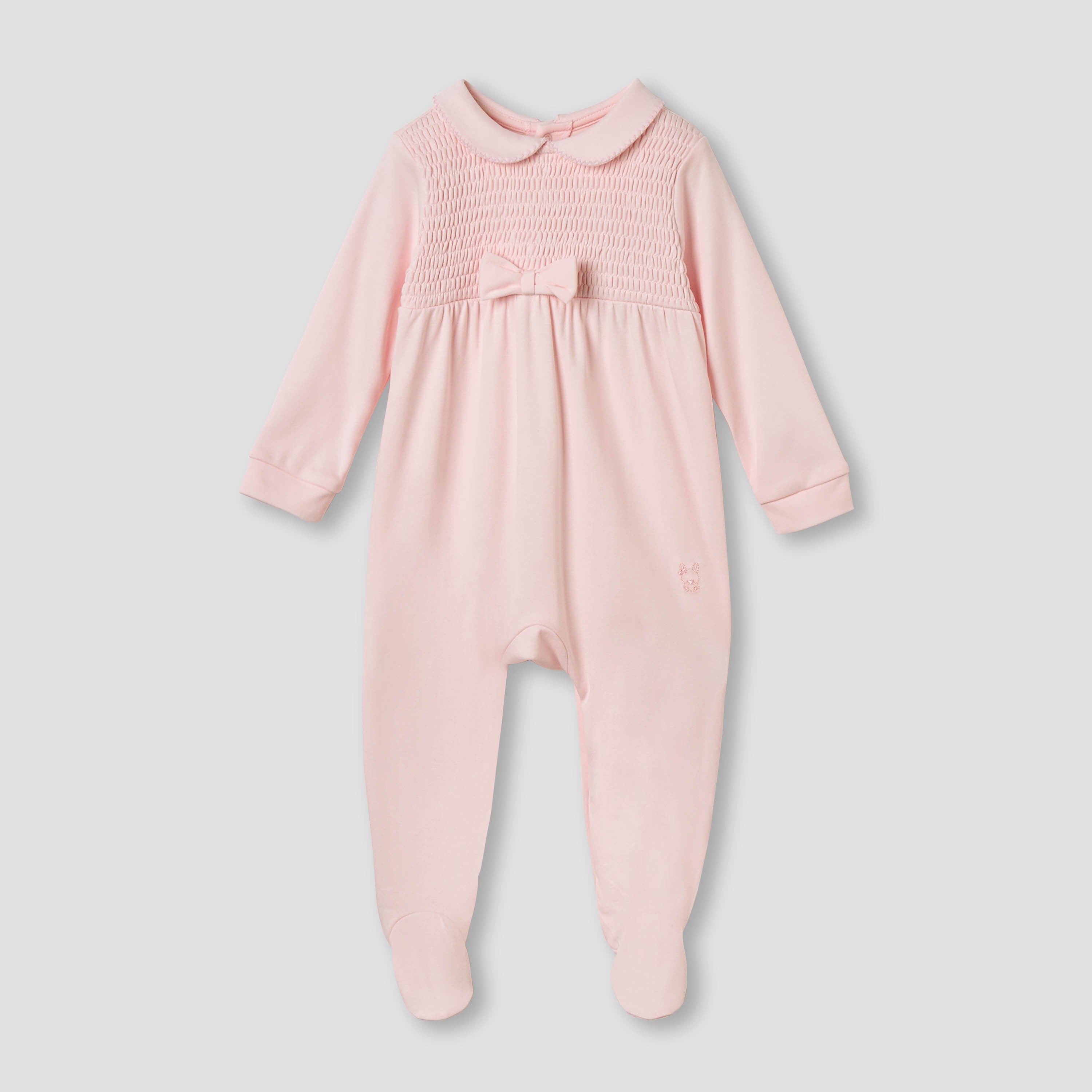 Giggles Smocked and Bow Accent Collared Sleepsuit - Pink / 9-12 mths