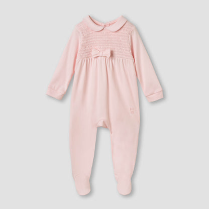 Giggles Smocked and Bow Accent Collared Sleepsuit - Pink / 9-12 mths
