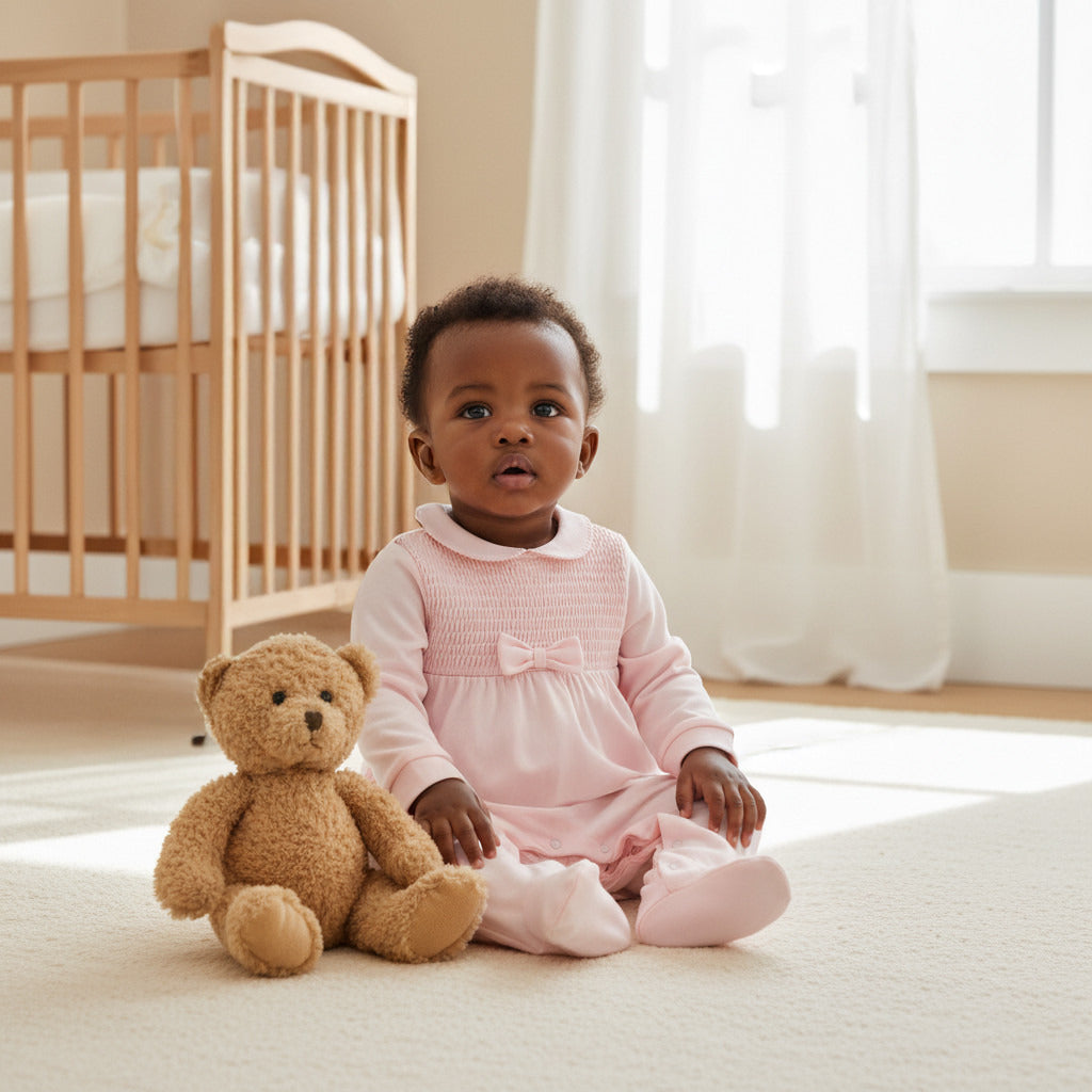 Giggles Smocked and Bow Accent Collared Sleepsuit