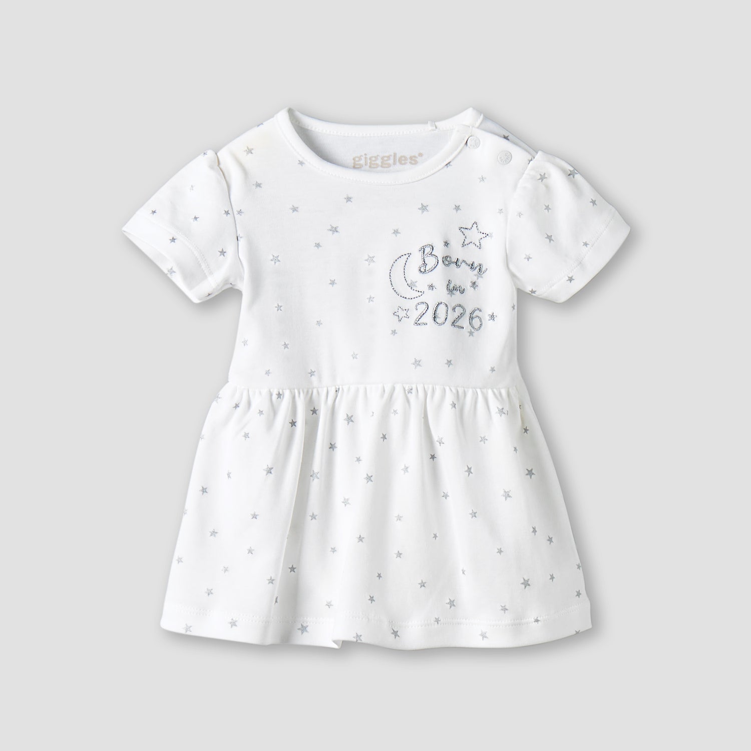 Giggles Round Neck Short Sleeve Dress with Snap Button Closure - White / 0-3 mths