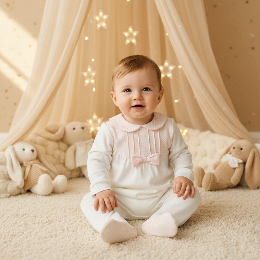 Giggles Bow Accent Collared Closed Feet Sleepsuit with Long Sleeves
