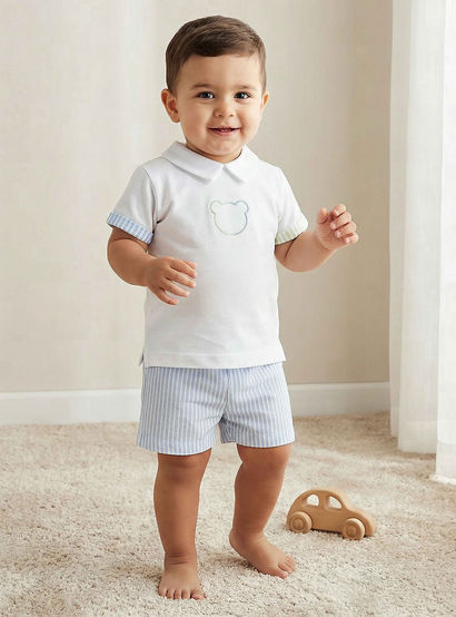 Juniors Collared Short Sleeves Polo T-shirt and Shorts Set with Stripes-baby-boys-clothing-setsandcoords-image-1