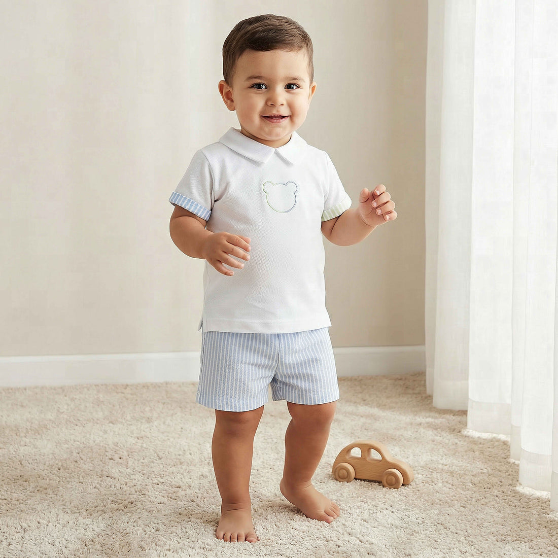 Juniors Collared Short Sleeves Polo T-shirt and Shorts Set with Stripes - Multicolour / 12-18 mths