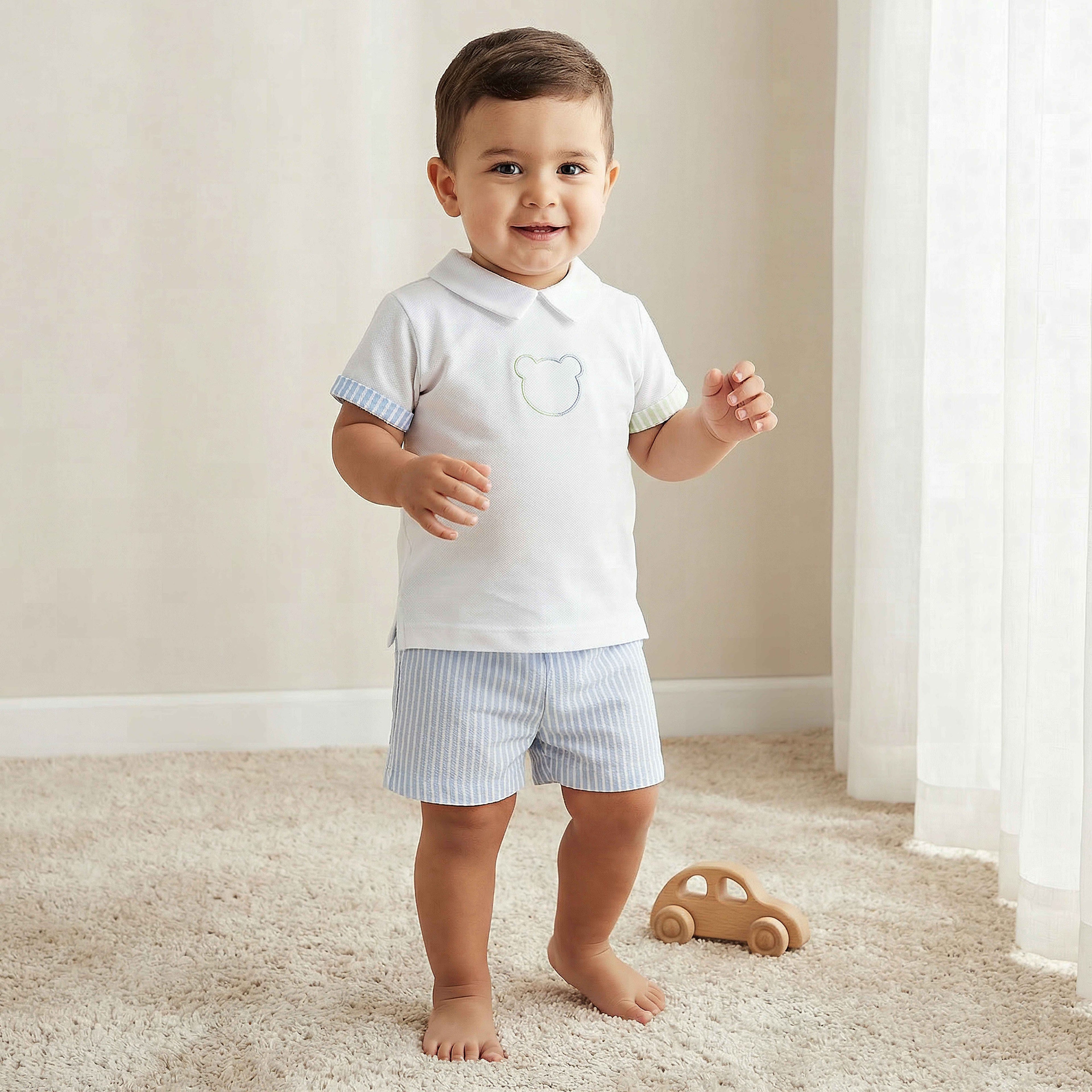 Juniors Collared Short Sleeves Polo T-shirt and Shorts Set with Stripes - Multicolour / 12-18 mths
