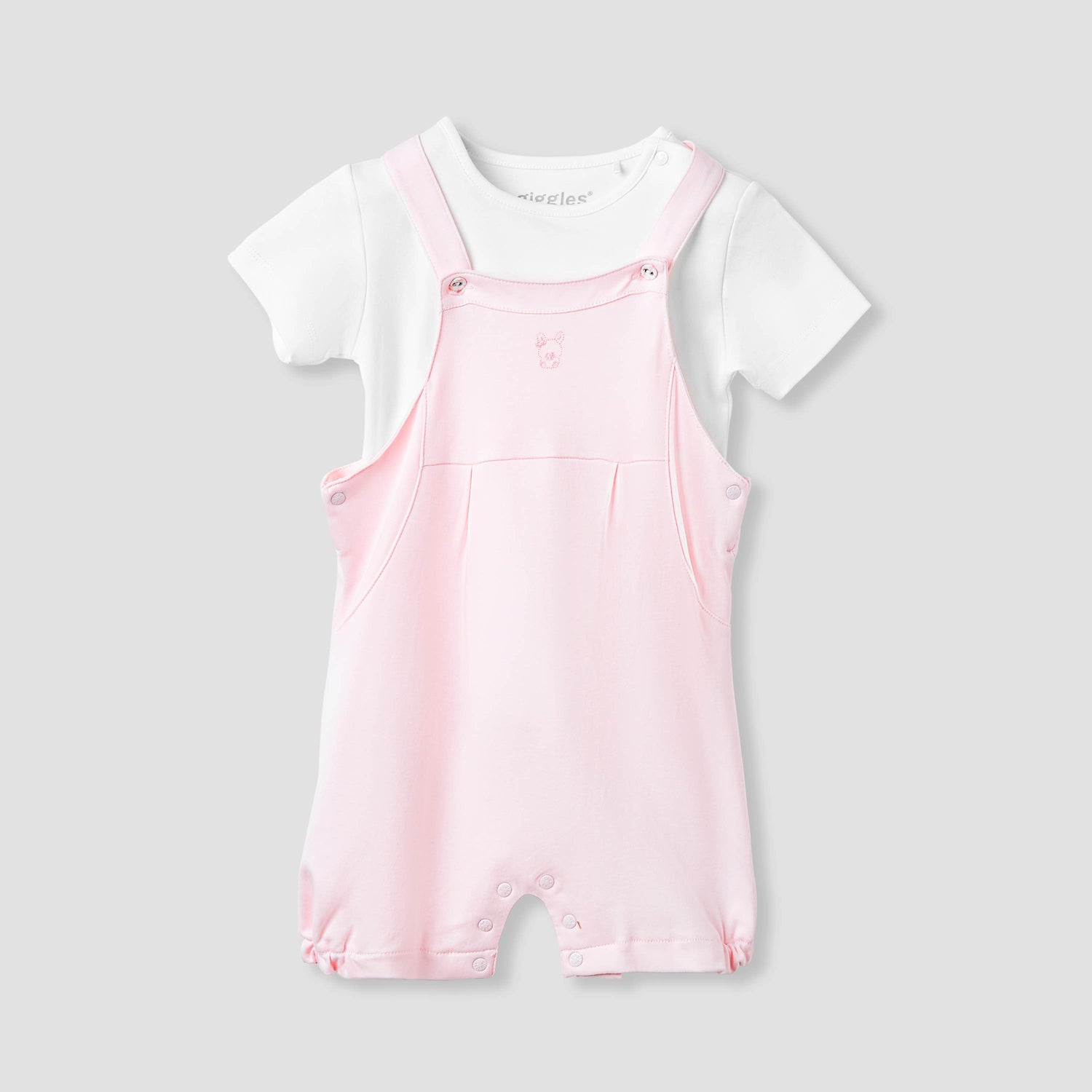 Giggles Embroidered Dungaree and T-shirt Set - Pink / 12-18 mths