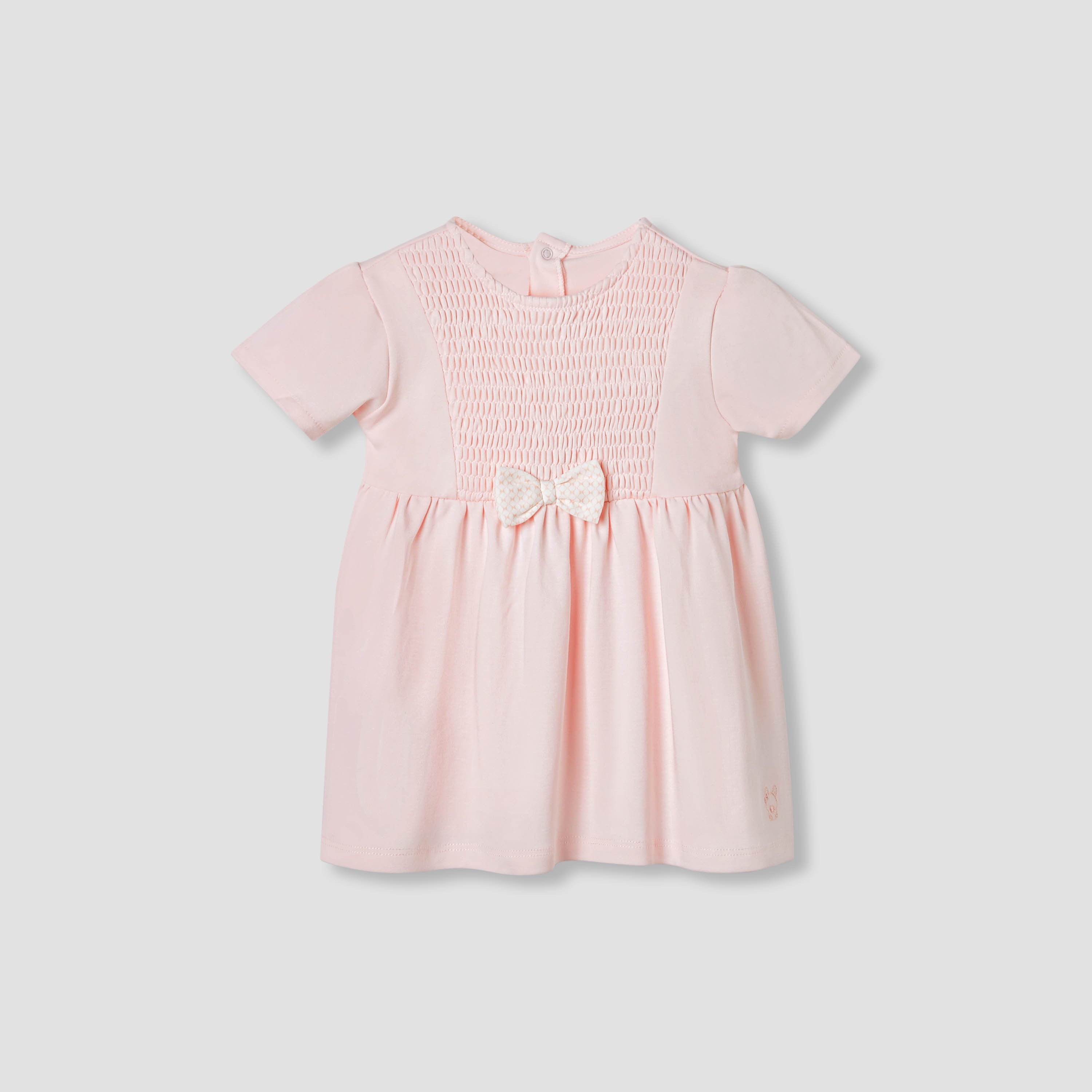 Giggles Smocked Detail A-line Dress with Bow - Pink / 12-18 mths