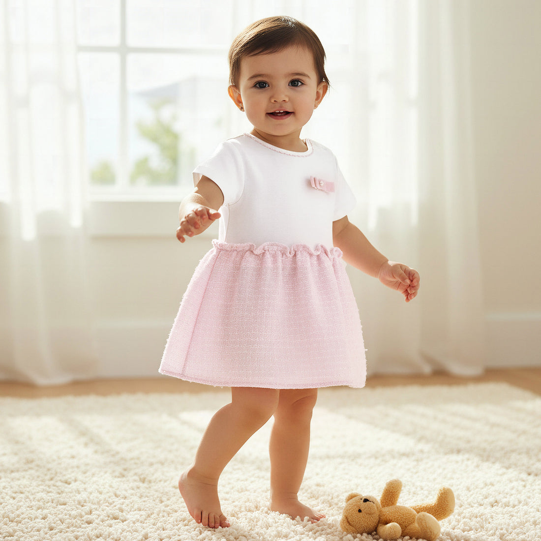 Giggles Round Neck Short Sleeves A-line Dress with Bow Detail - Pink / 12-18 mths