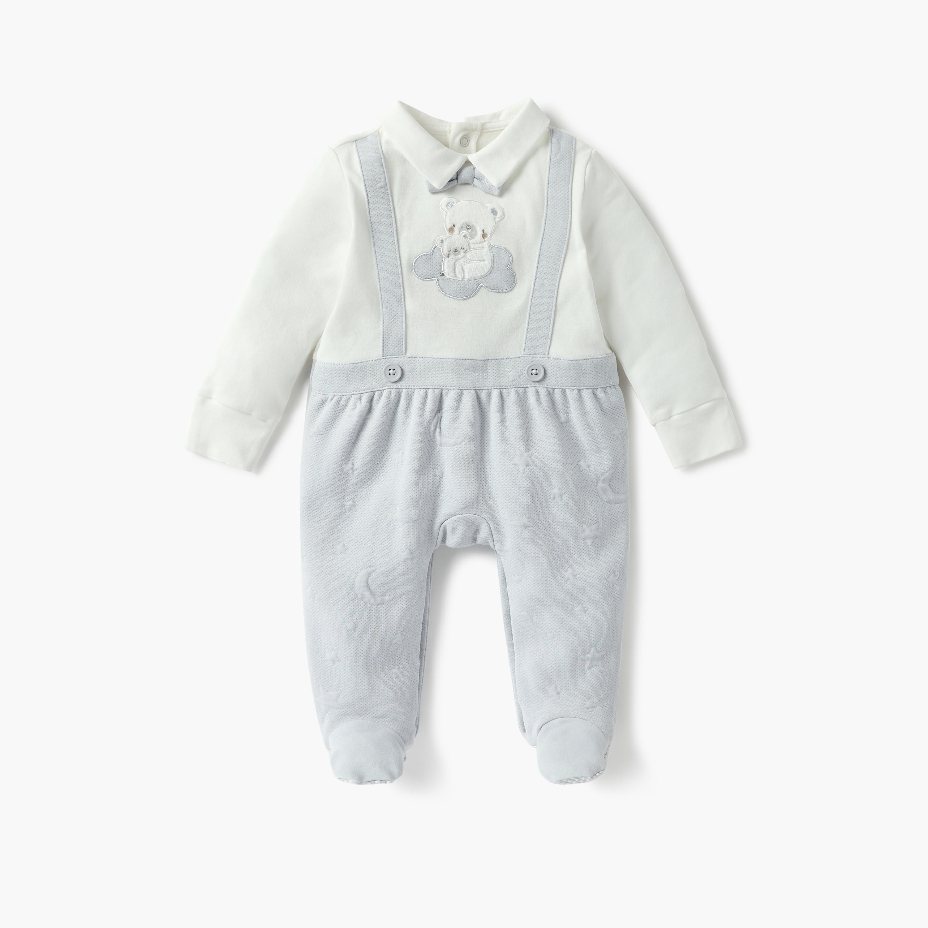 Giggles Bear Applique Closed Feet Sleepsuit with Long Sleeves - Multicolour / 9-12 mths