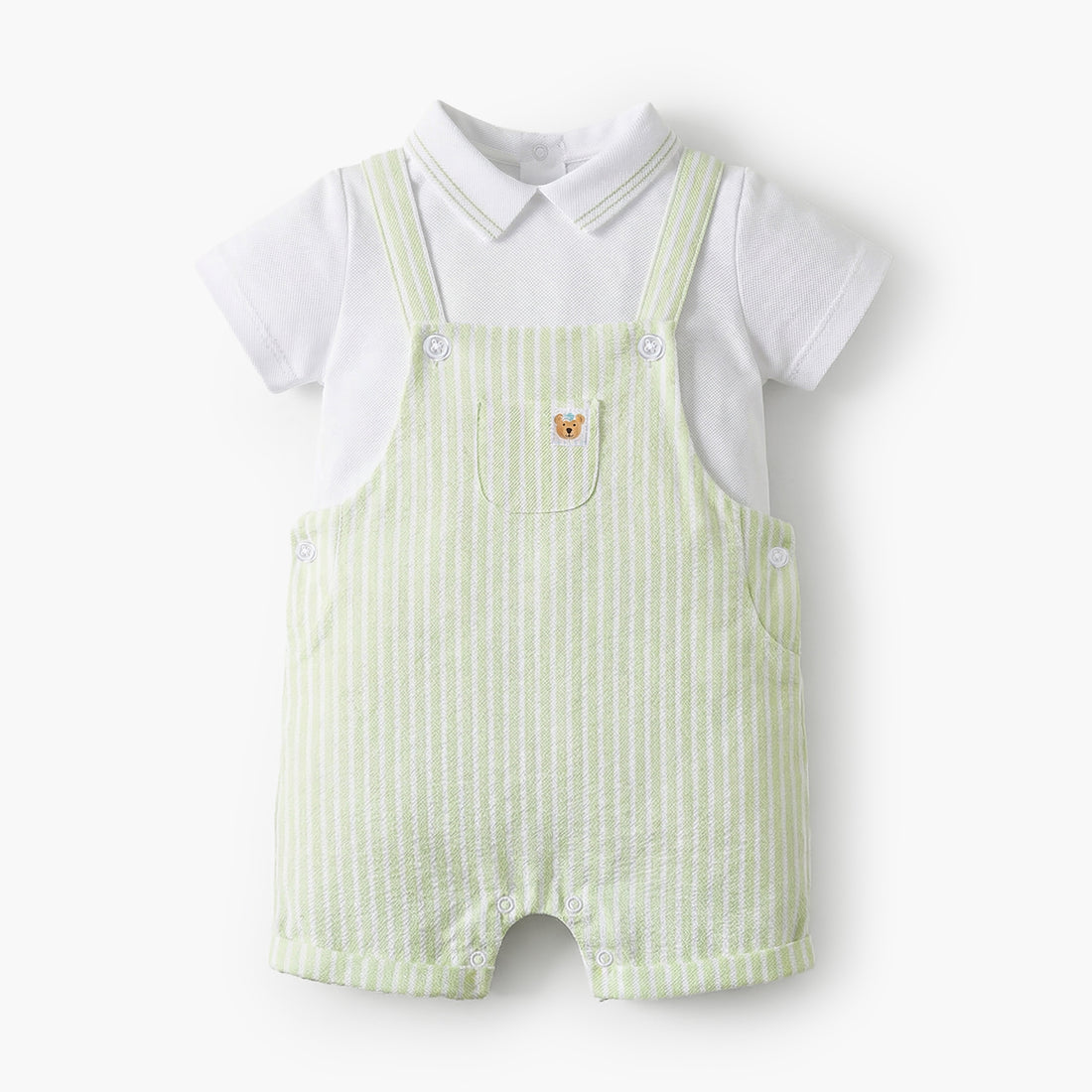 Juniors Peter Pan Collar Short Sleeves Polo T-shirt and Dungaree Set with Stripes - Green / 12-18 mths