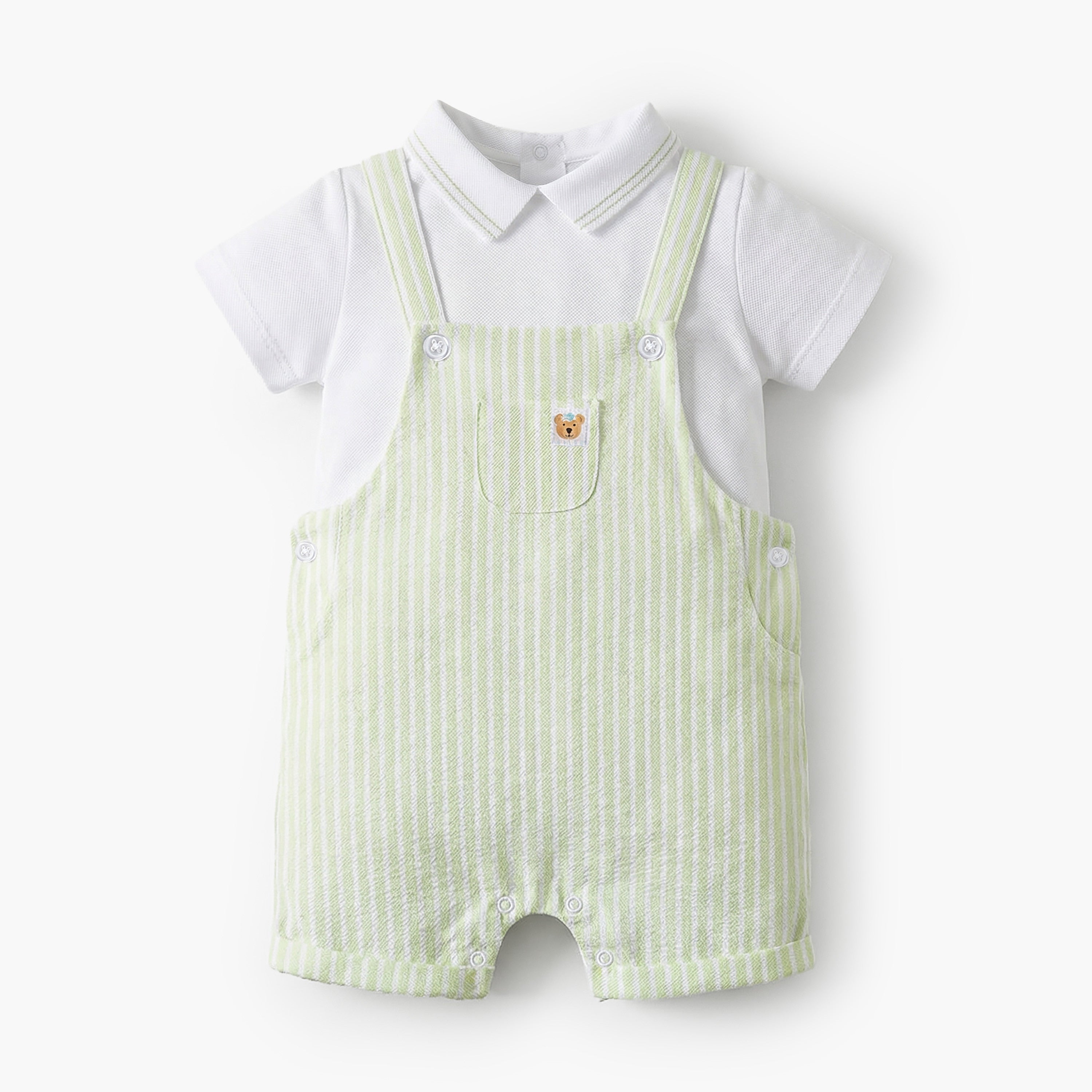 Juniors Peter Pan Collar Short Sleeves Polo T-shirt and Dungaree Set with Stripes - Green / 12-18 mths
