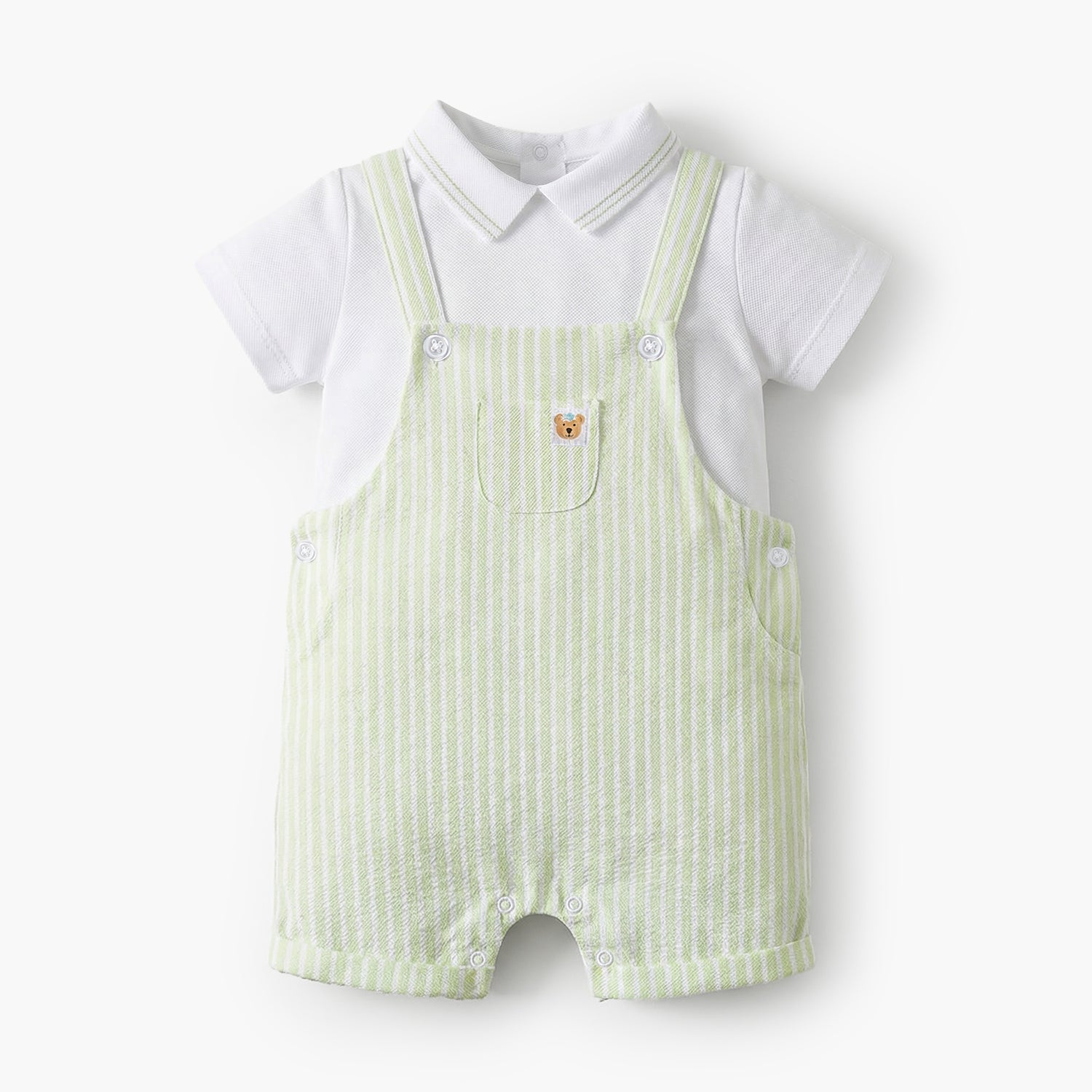 Juniors Peter Pan Collar Short Sleeves Polo T-shirt and Dungaree Set with Stripes