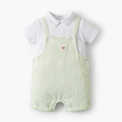 Juniors Peter Pan Collar Short Sleeves Polo T-shirt and Dungaree Set with Stripes