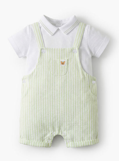 Juniors Peter Pan Collar Short Sleeves Polo T-shirt and Dungaree Set with Stripes-baby-boys-clothing-setsandcoords-image-2