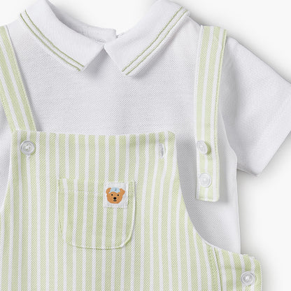 Juniors Peter Pan Collar Short Sleeves Polo T-shirt and Dungaree Set with Stripes