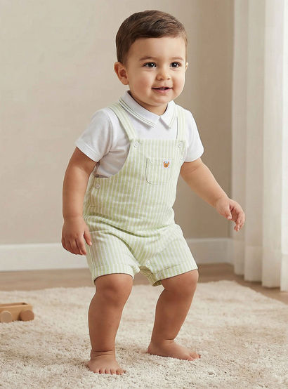 Juniors Peter Pan Collar Short Sleeves Polo T-shirt and Dungaree Set with Stripes-baby-boys-clothing-setsandcoords-image-1