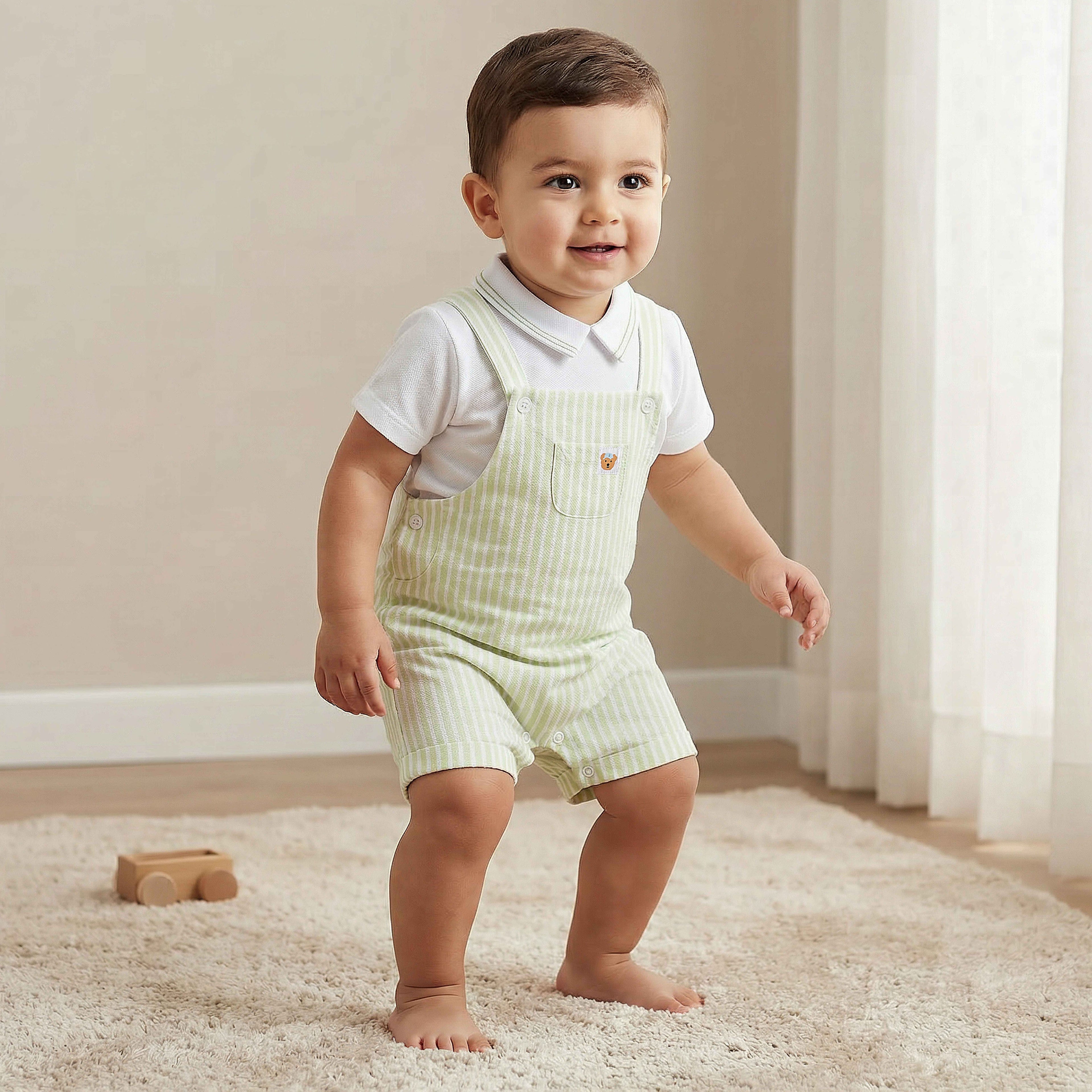 Juniors Peter Pan Collar Short Sleeves Polo T-shirt and Dungaree Set with Stripes - Green / 12-18 mths