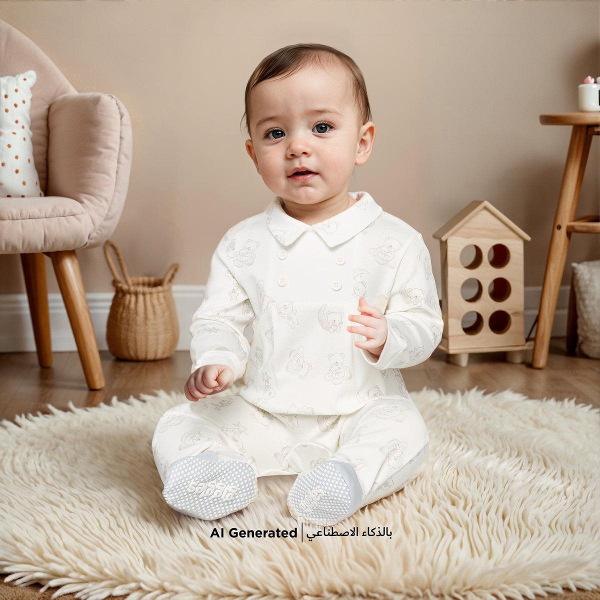 Giggles Bear Print Closed Feet Sleepsuit with Long Sleeves